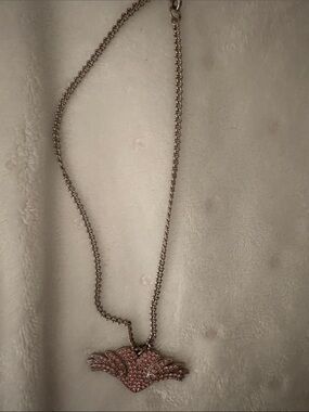 Sparkling Pink Crystal Heart Wing Pendant Necklace